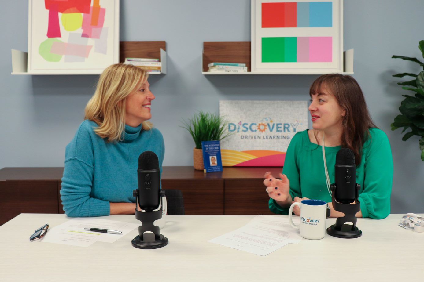 Rachel Robertson and Claire Goss recording an episode of Teach Play Love