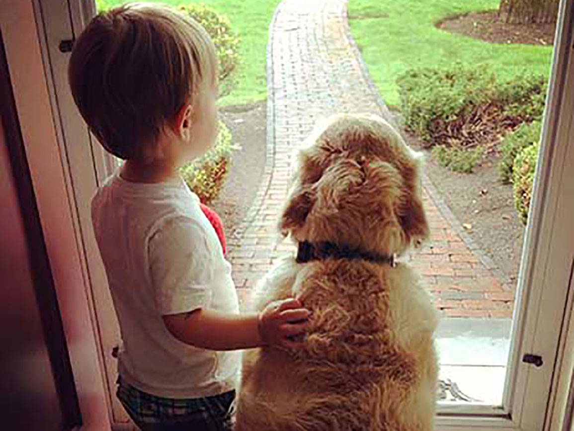 Preschool aged boy standing with his golden retriever at the front door