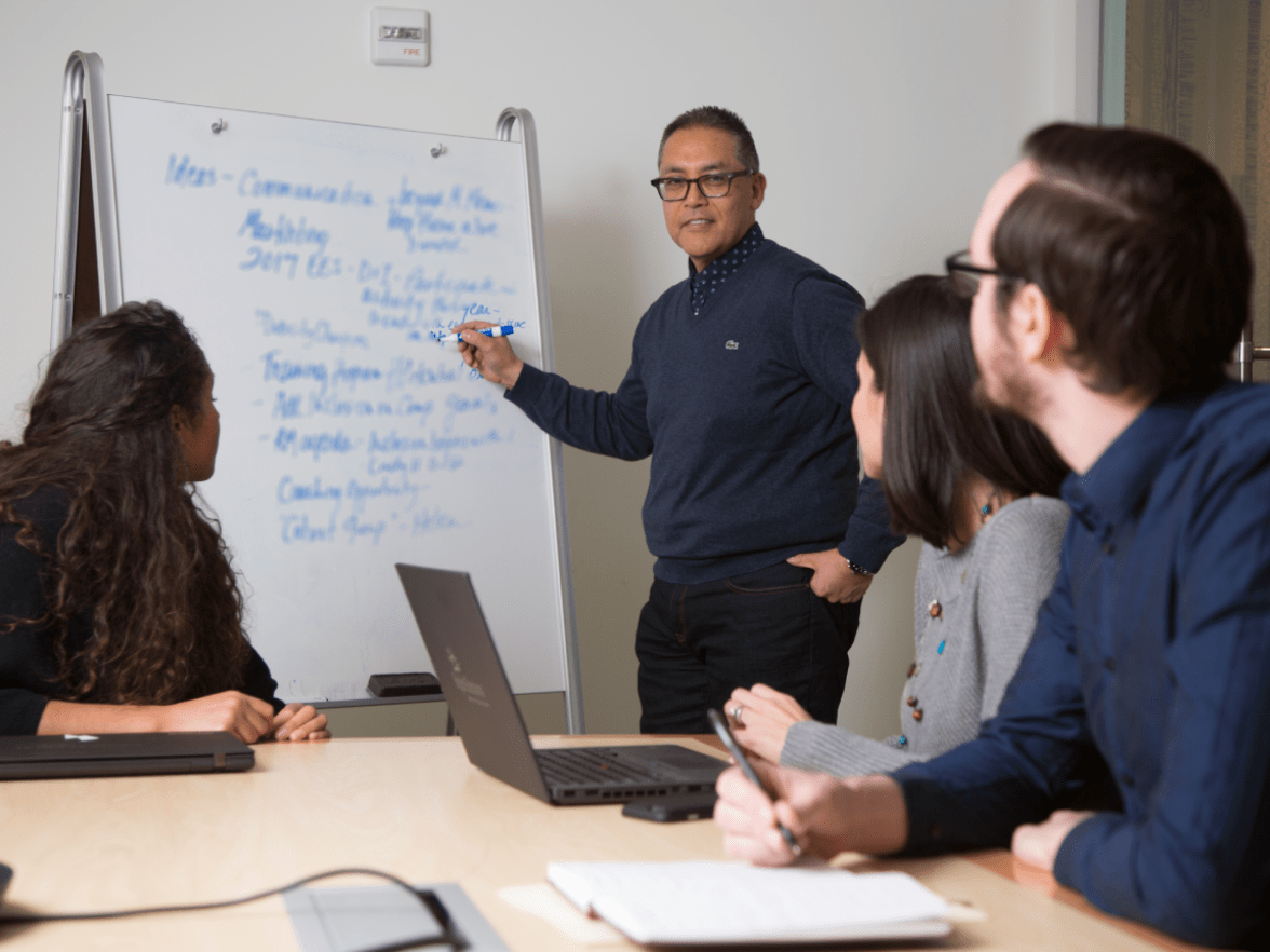 Employees looking at notes on easel in meeting room