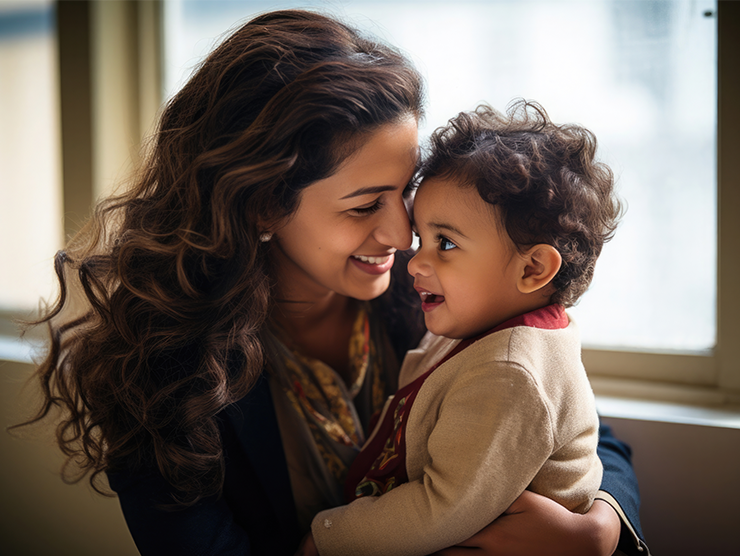 A mother laughing with her toddler